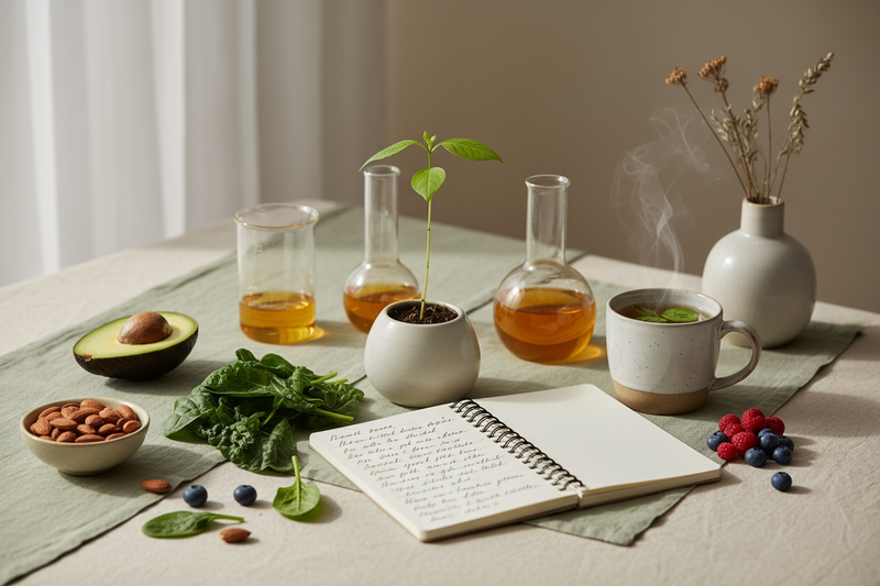 Create a clean and modern wellness image representing science-based holistic nutrition. Include subtle symbols of balance and growth such as a plant sprouting beside a notebook, stethoscope or lab glasses gently placed next to herbal tea or nutritious whole foods. Soft natural light, neutral background with soft green accents. Calm, professional, empathetic, and premium wellness clinic vibe. No people, no text, no harsh medical equipment, no supplements.