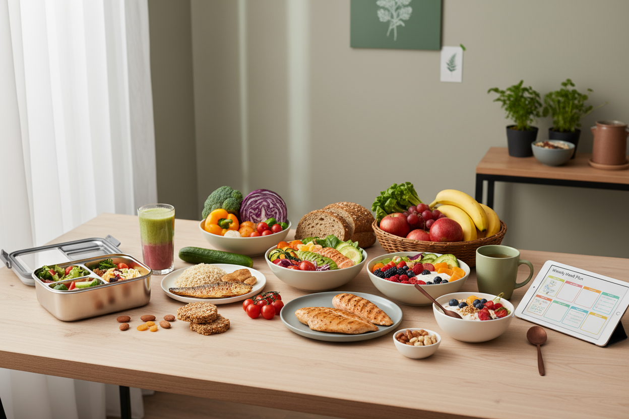 Create a modern, clean, and fresh nutrition scene that reflects flexible and delicious meal planning. Show a mix of wholesome foods like colorful bowls, fresh vegetables, fruit, grains, lean proteins, and healthy snacks arranged beautifully. Include elements that hint at lifestyle flexibility such as a lunch container, smoothie, and cozy breakfast setup. Style soft, natural light, neutral backgrounds, and calm green accents. Minimal aesthetic, warm, inviting, realistic, and science-based wellness vibe. No p