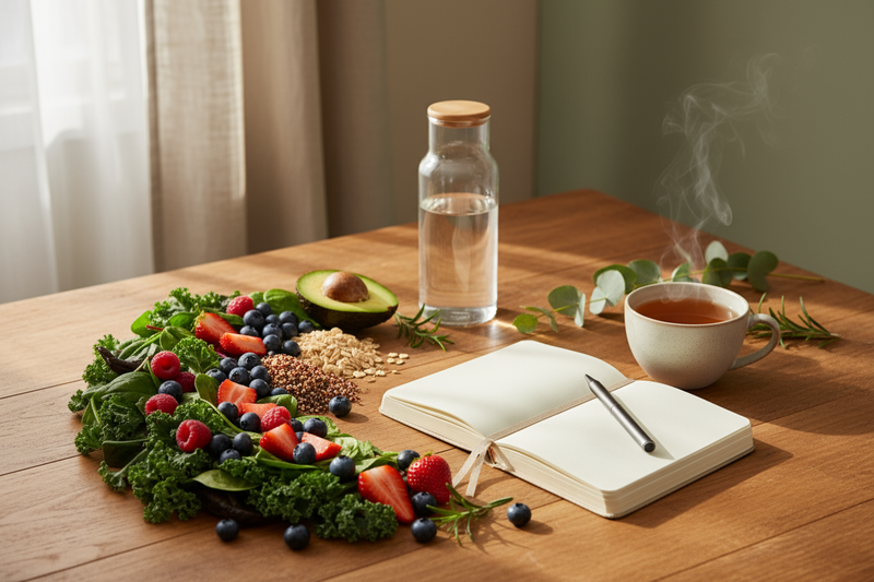 Vertical modern wellness image representing long-term nutrition and lifestyle transformation. Healthy real foods (greens, berries, avocado, grains), a glass water bottle, journal with pen, cozy tea cup, and soft greenery. Soft natural light, calm neutral background, warm green tones, clean and organized aesthetic. Symbolizes daily habits, mindfulness, and sustainable healthy living. Science-based yet warm and human. No people, no text, no scales, no gym equipment, no restrictive diet vibes. Vertical composi
